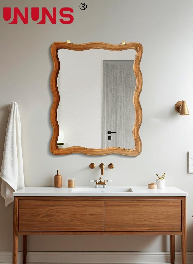 UNUNS Hanging Mirror Brown Wooden Framed Bathroom Mirror Rectangle Mirror with Wave Pattern Solid Wood Frame,Anti-Rust,Wall mirror for Living Room Bedroom Bathroom Home Decor（wave design） - Image 4